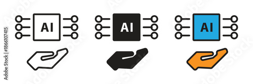 Human hand supporting a microchip processor with AI branding. Represents technological assistance, managed AI services, and human-centric artificial intelligence development.