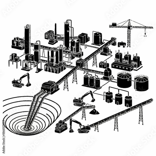 Industrial mining and processing plant with heavy machinery.