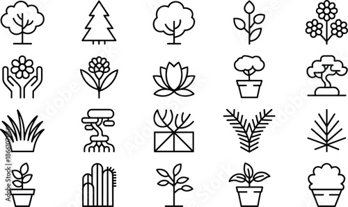 Minimal nature and botanical line icon set featuring plants, trees, flowers, garden elements, eco friendly outline symbols collection