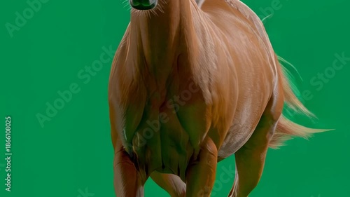 Majestic horse galloping gracefully across a vibrant green background in full motion