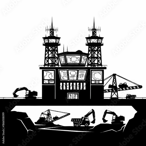 Industrial mining operation with control tower and heavy machinery.