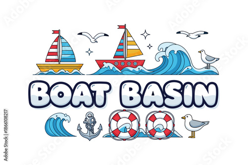 Colorful nautical design featuring sailboats, waves, and marine elements in cartoon style