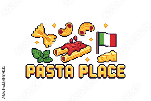Retro pixel art pasta design with italian flag and ingredients