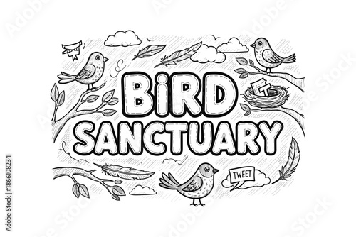 Bird sanctuary doodle art with playful birds and nature elements