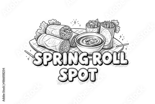 Monochrome spring roll sketch with sauce and text