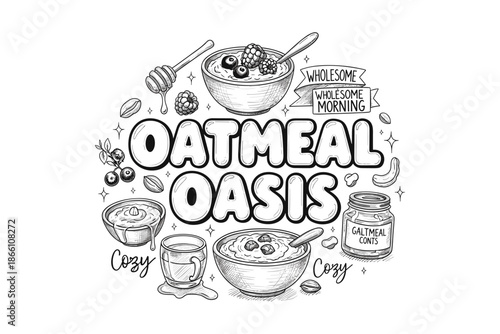 Wholesome breakfast delight with oatmeal and cozy illustrations