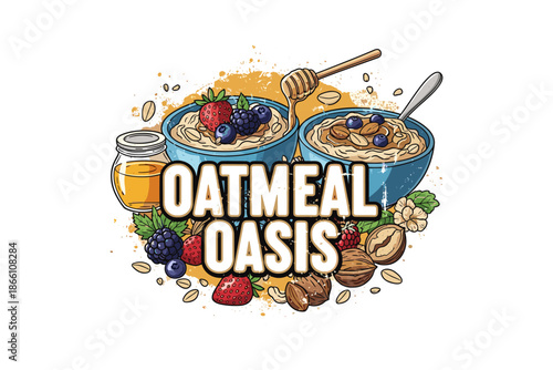 Delicious oatmeal breakfast with honey, berries, and nuts