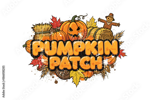 Pumpkin patch autumn harvest with scarecrow and falling leaves