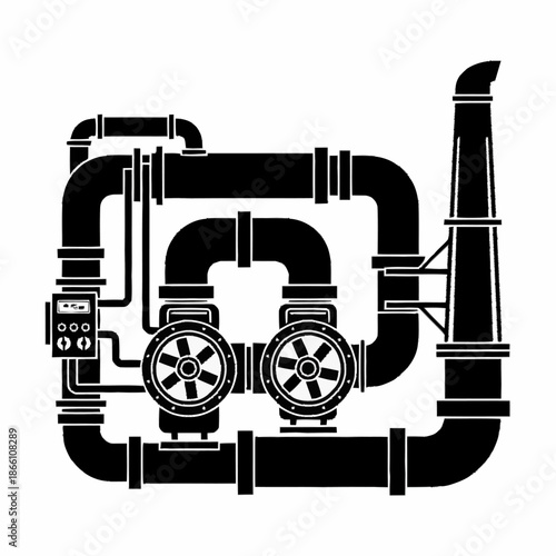 Industrial pipeline system with pumps and chimney in silhouette.