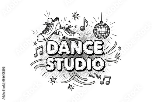 Retro dance studio logo with sneakers, disco ball, and musical notes in sketch style