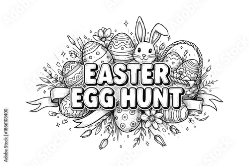 Easter egg hunt with decorative eggs and bunny in black and white line art