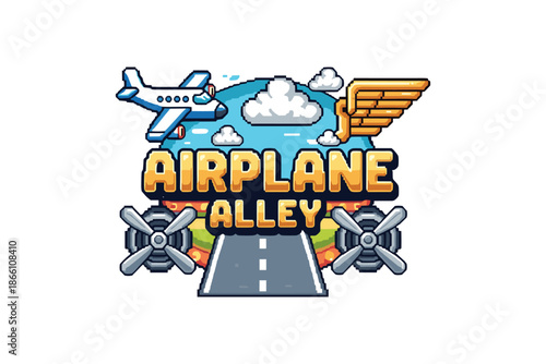 Retro 8-bit airplane arcade game logo with clouds and runway