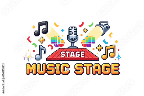 Retro pixel art music stage with microphone and musical notes