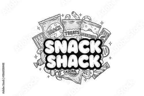 Monochrome snack shack design featuring various snack packages in doodle style