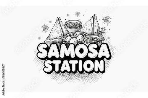 Black and white samosa station design with halftone and doodle elements