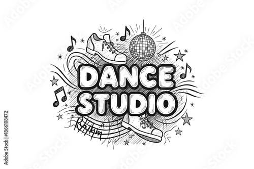 Dance studio doodle art with sneakers, music notes, and disco ball