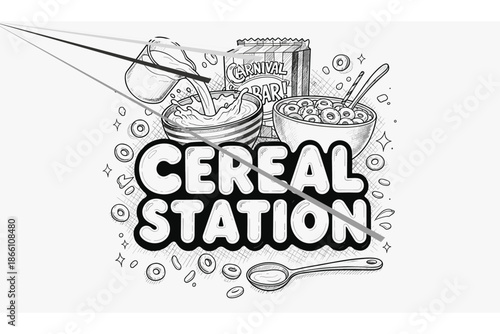 Monochrome cereal art with milk and bowl design