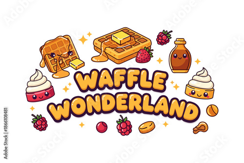 Cute kawaii waffle wonderland with whimsical breakfast elements