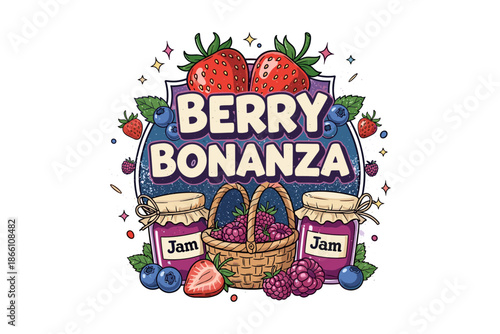 Berry bonanza with strawberries and jars of jam in hand-drawn style
