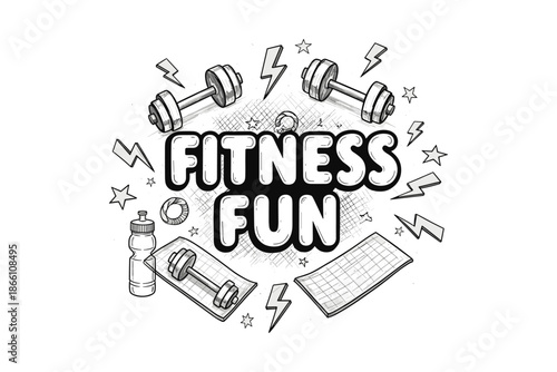 Energetic fitness fun with dumbbells and accessories in black and white line art