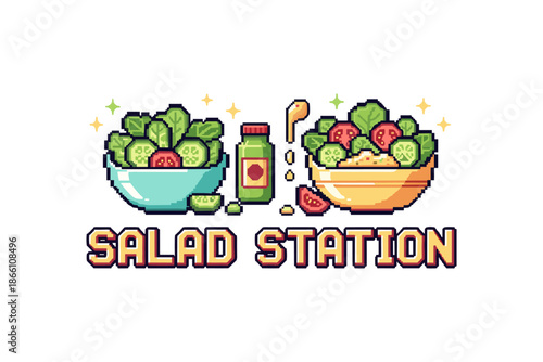 Pixel art salad station with fresh vegetables and dressing bottle