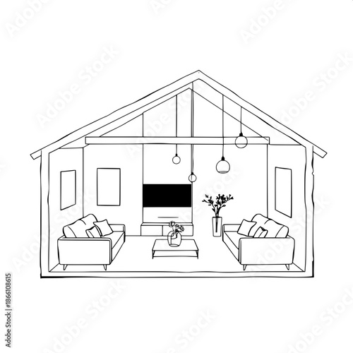 Black and white architectural cutaway house drawing with simplified furniture silhouettes featuring smooth lines and minimal details, and hanging lamps with rounded shapes and delicate cordings, set a