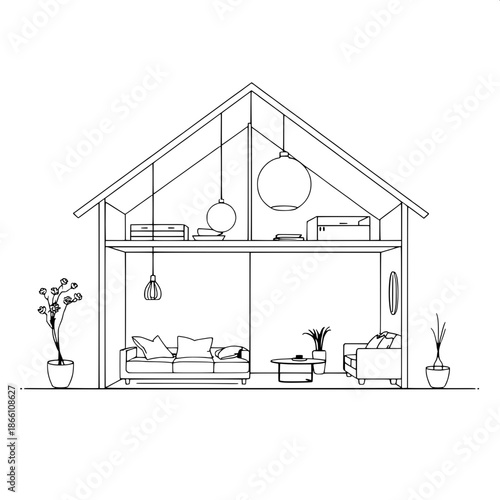 Black and white architectural cutaway house drawing with simplified furniture silhouettes featuring smooth lines and minimal details, and hanging lamps with rounded shapes and delicate cordings, set a