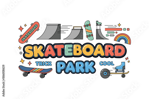 Colorful skateboard park elements in modern linear style with ramps and boards