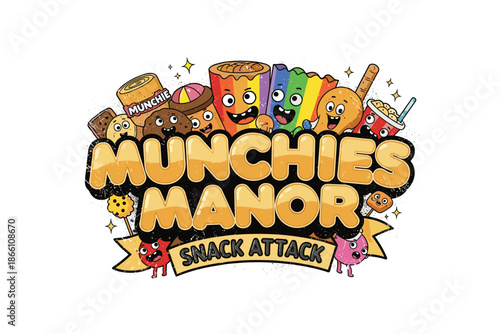 Colorful cartoon snack characters with fun expressions and playful design