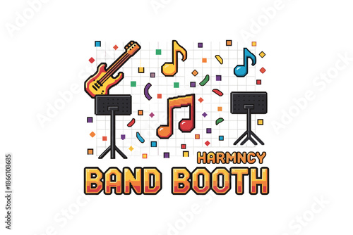 Colorful music booth design with instruments and notes for event graphics