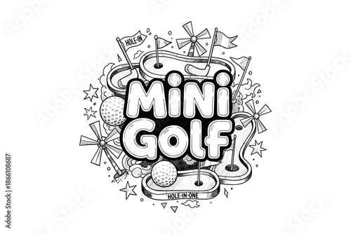 Playful mini golf doodle art with whimsical course and cartoon elements