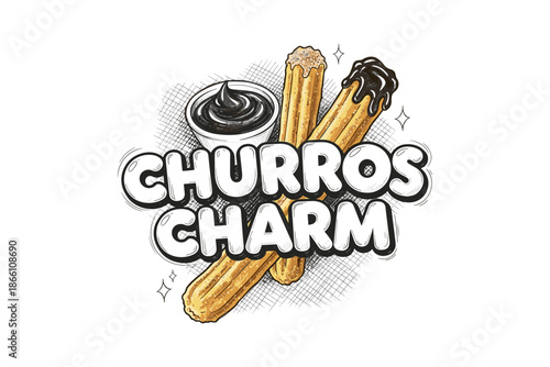 Delicious churros with dipping sauce and stylish typography design art