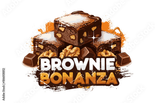 Delicious chocolate brownies with walnuts and caramel on rustic background