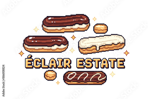 Pixel art eclair delights: chocolate and cream pastries with text