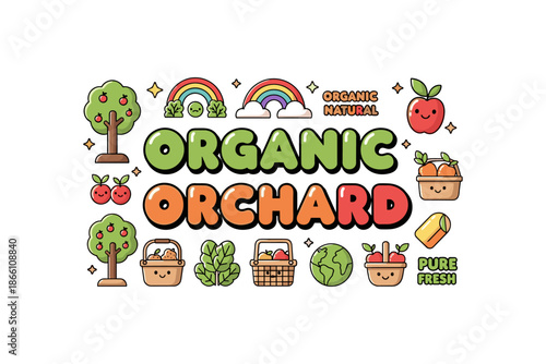 Charming kawaii organic orchard with happy fruits and vegetables