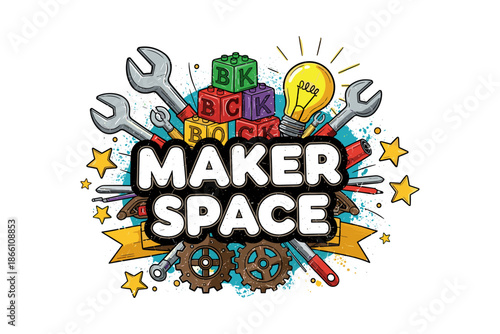 Creative maker space design with tools and blocks in a colorful doodle art style