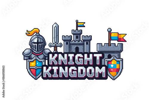 Retro pixel art knight kingdom with castle and shields in medieval design
