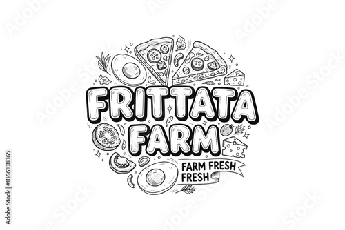 Hand drawn frittata farm logo with avocado and cheese elements in black and white