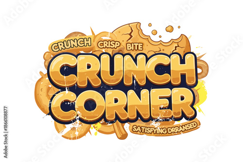 Crunch corner: bold cartoon cookie logo design with bite and crumbs