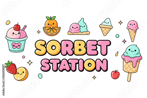 Colorful sorbet station with cute cartoon characters and fruits