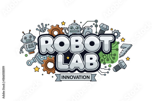 Colorful cartoon robot lab design with gears, circuits, and innovation banner