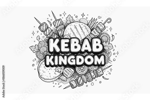 Doodle kebab theme with skewers, spices, and vegetables