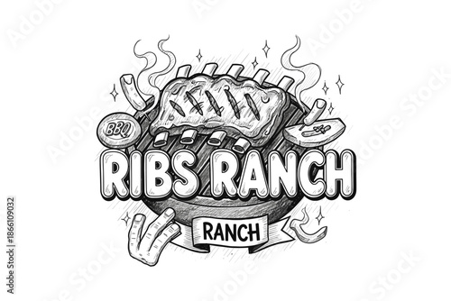Hand drawn bbq ribs ranch logo with rustic and vintage elements
