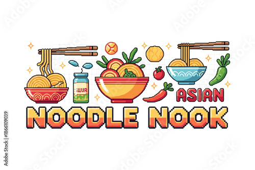 Pixel art asian noodle dishes with vibrant ingredients and decorative elements