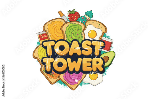 Colorful toast art tower with avocado and egg breakfast design
