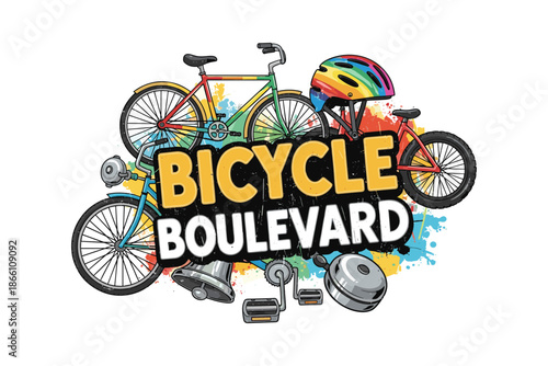 Colorful bicycle components with graffiti style text on bicycle boulevard