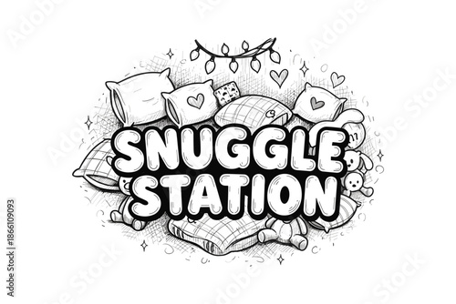 Cozy snuggle station with pillows and lights in black and white doodle art