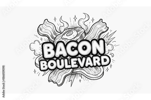 Bacon boulevard: monochrome comic style design with bold lettering and smoke elements