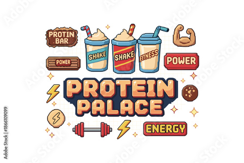 Colorful fitness nutrition icons with protein shakes and power symbols