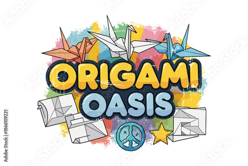 Origami oasis with colorful cranes and geometric paper art on textured background